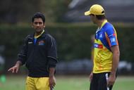 CAPE TOWN, SOUTH AFRICA - APRIL 16:  Mahendra Singh Dhoni of Chennai chats to coach Stephen Fleming during the Chennai Super Kings training session at the Vineyard Cricket Ground on April 16, 2009 in Cape Town, South Africa.  (Photo by Tom Shaw/Getty Images)